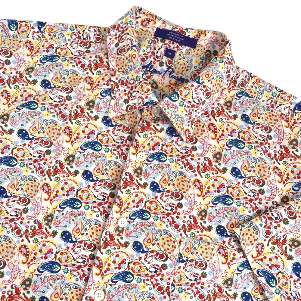 Alan Flusser Mens Button Down Shirt XL White Multicolor Paisley Floral SS Cotton